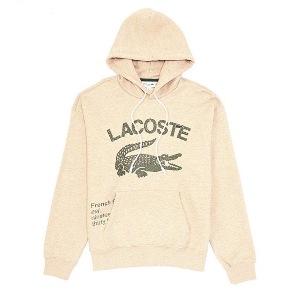 Lacoste Men's Sweatshirt Loose-Fit Oversized Logo Hooded Soft Fleece Beige L NWT